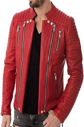 men's red lambskin leather biker jacket quilted shoulder detailing