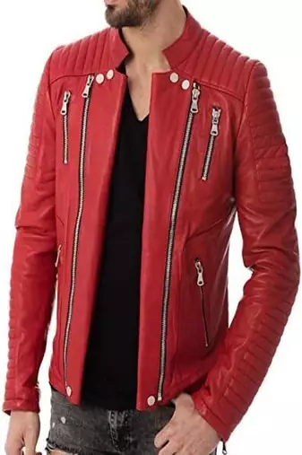 men's red genuine lambskin leather jacket multiple zip quilted shoulder look biker style