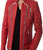 men's red genuine lambskin leather jacket multiple zip quilted shoulder look biker style