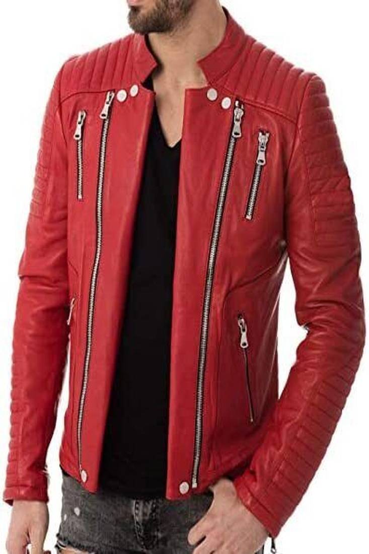 men's red genuine lambskin leather jacket multiple zip quilted shoulder look biker style
