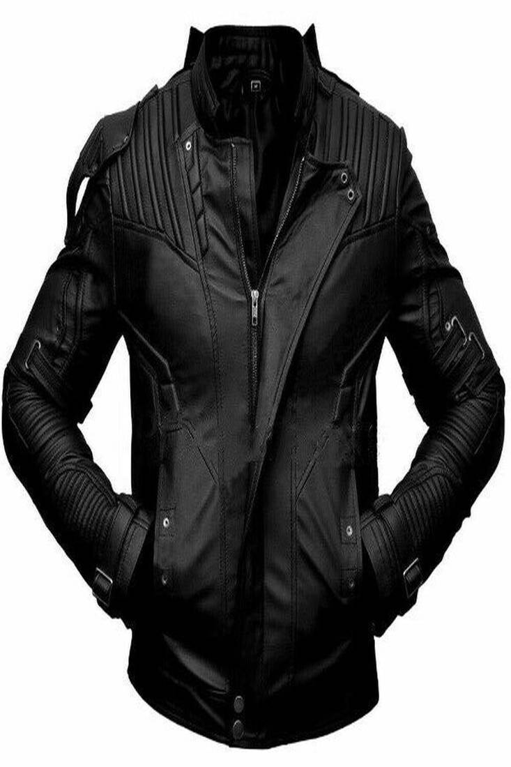 men's black genuine lambskin leather jacket quilted shoulder look motorbuycycle biker style
