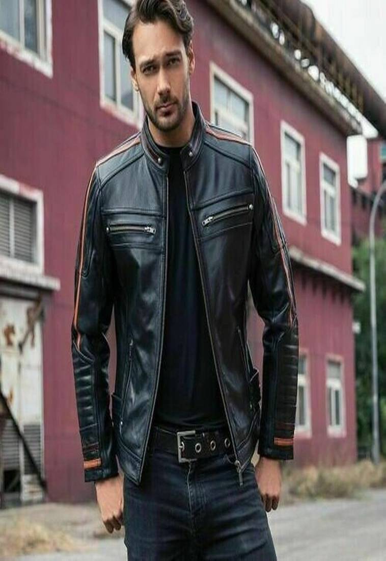 men's black genuine lambskin leather jacket brown strip & café racer biker style