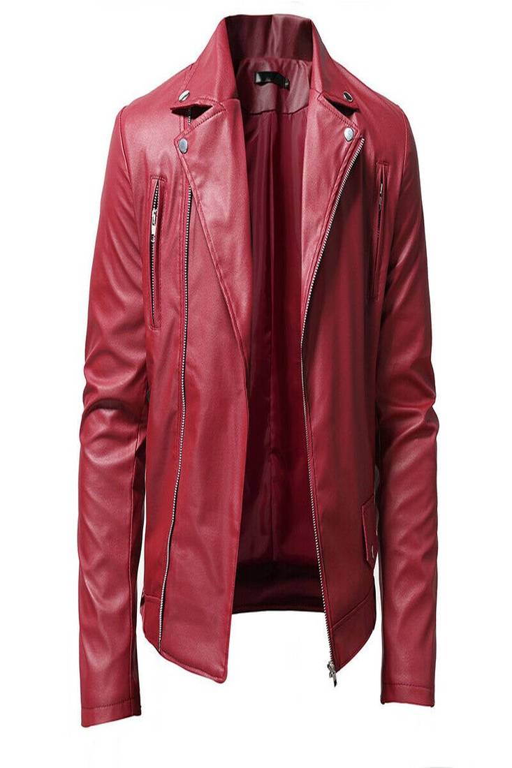 men's red genuine lambskin leather jacket zipper biker style