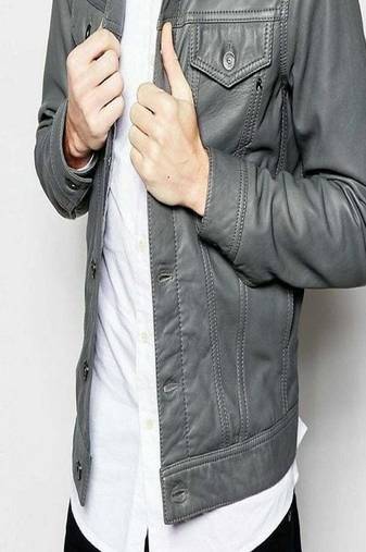 men's gray lambskin leather trucker jacket rugged trucker style