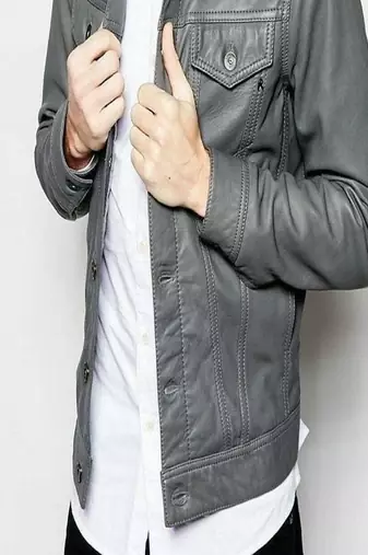 men's gray genuine lambskin leather jacket zipper biker trucker-style jacket