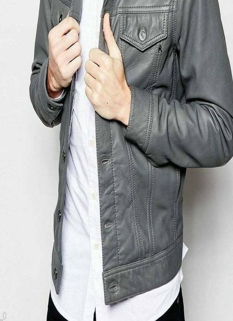 men's gray genuine lambskin leather jacket zipper biker trucker-style jacket