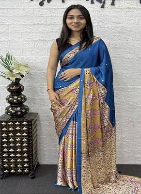 Blue Color Heavy Mirror Work  Satin Silk  Saree 1