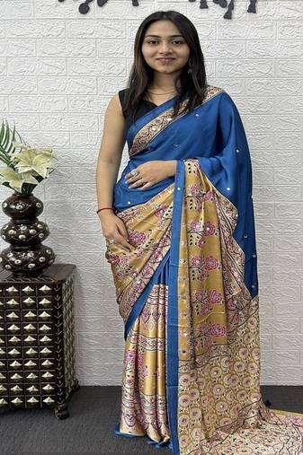 Blue Color Heavy Mirror Work  Satin Silk  Saree