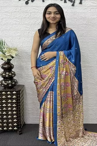 Blue Color Heavy Mirror Work  Satin Silk  Saree