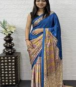 Blue Color Heavy Mirror Work  Satin Silk  Saree