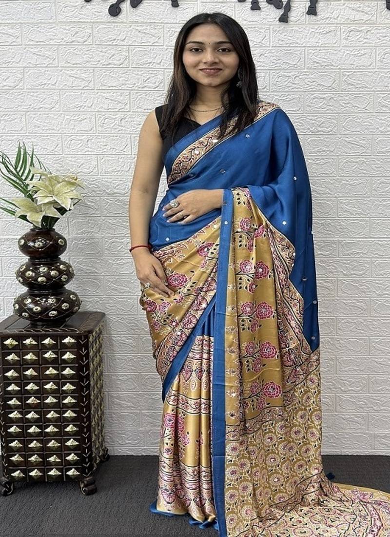 Blue Color Heavy Mirror Work  Satin Silk  Saree