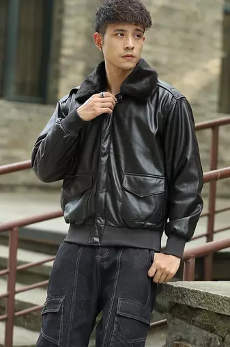  mens black genuine lambskin leather jacket knif cuffs & waistband envelope-style front pockets 