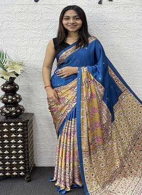 Blue Color Heavy Mirror Work  Satin Silk  Saree 2
