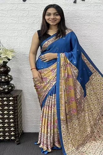 Blue Color Heavy Mirror Work  Satin Silk  Saree