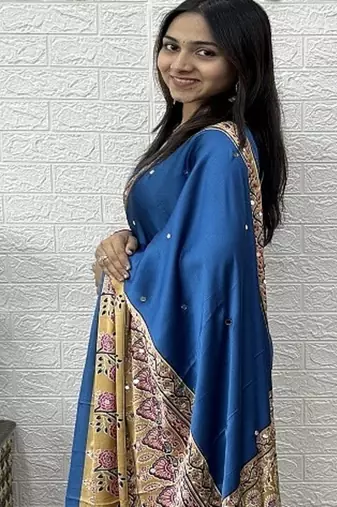 Blue Color Heavy Mirror Work  Satin Silk  Saree