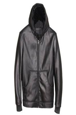 men's black hoodie genuine lambskin leather jacket zipper biker style 1