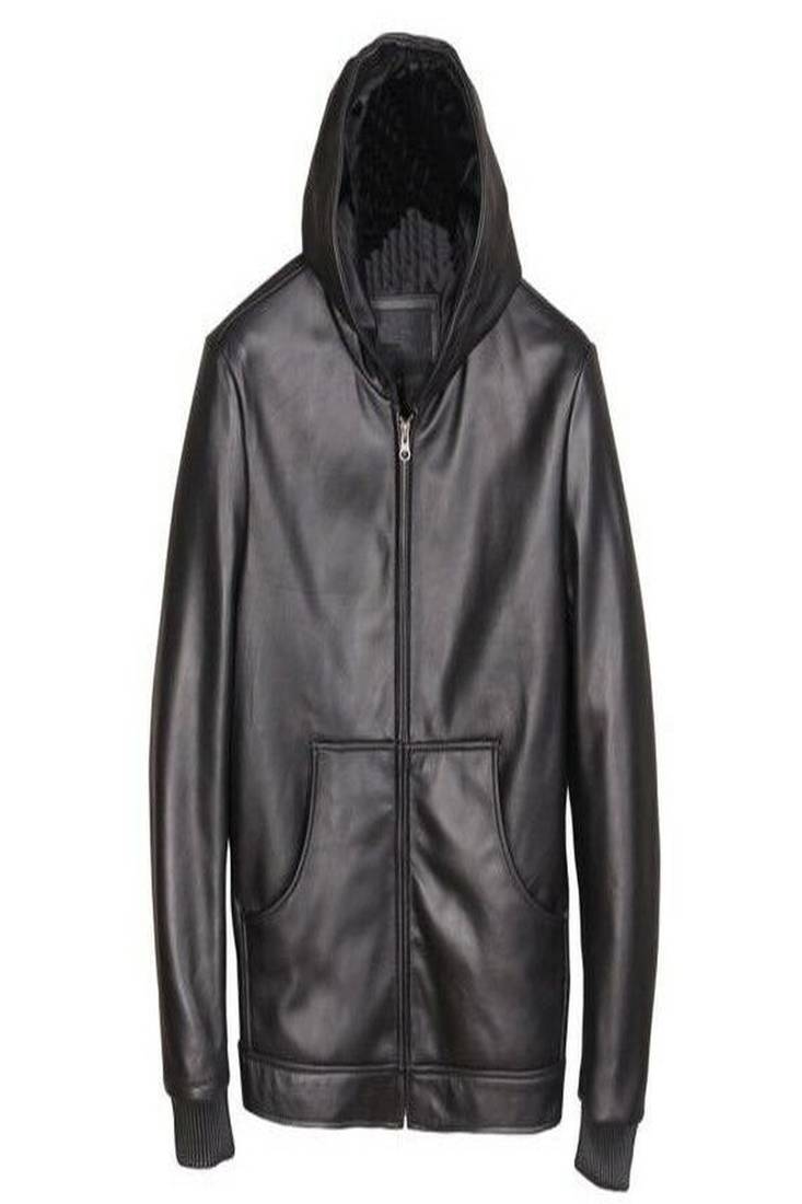 men's black hoodie genuine lambskin leather jacket zipper biker style