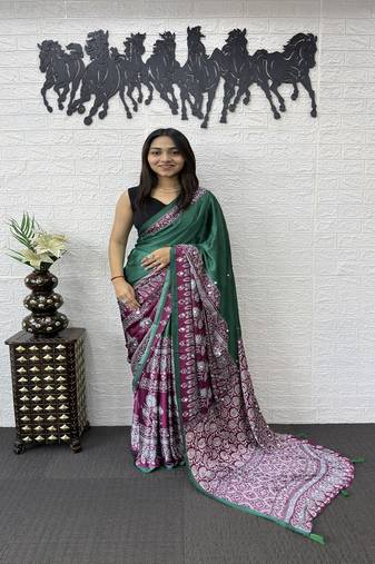 Green Color Heavy Mirror Work  Satin Silk  Saree
