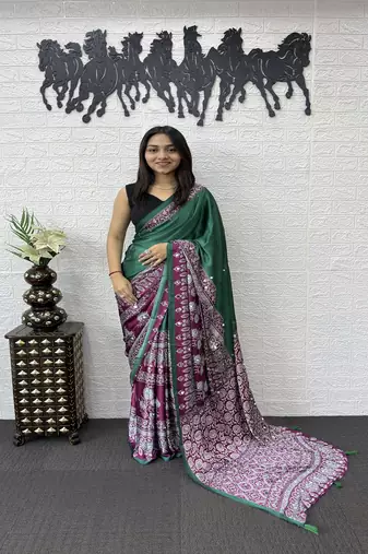 Green Color Heavy Mirror Work  Satin Silk  Saree