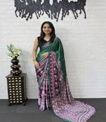 Green Color Heavy Mirror Work  Satin Silk  Saree