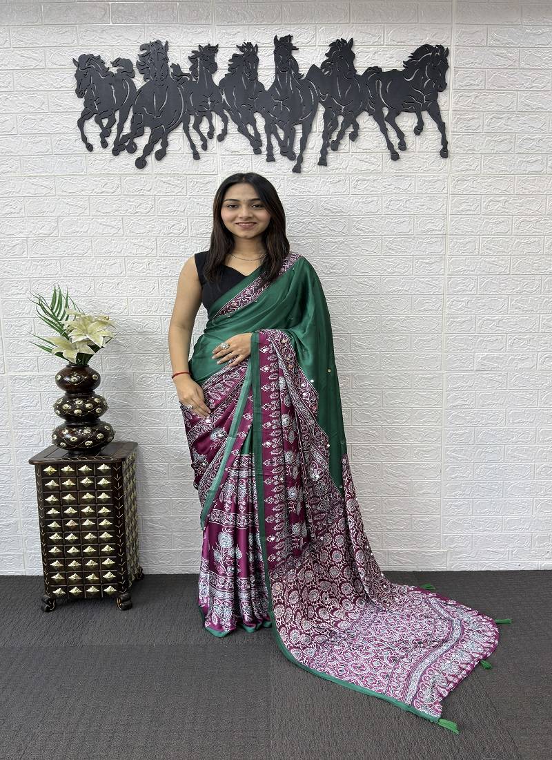 Green Color Heavy Mirror Work  Satin Silk  Saree