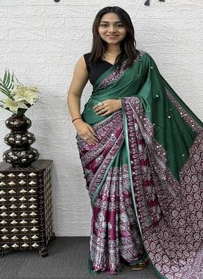 Green Color Heavy Mirror Work  Satin Silk  Saree 2