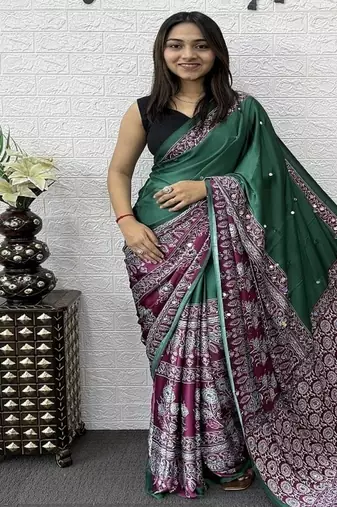 Green Color Heavy Mirror Work  Satin Silk  Saree