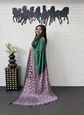 Green Color Heavy Mirror Work  Satin Silk  Saree 3