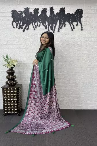Green Color Heavy Mirror Work  Satin Silk  Saree