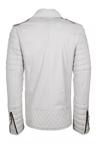 Men's off white genuine lambskin leather jacket- multiple zipper & quilterd shoulder biker style