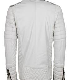 Men's off white genuine lambskin leather jacket- multiple zipper & quilterd shoulder biker style