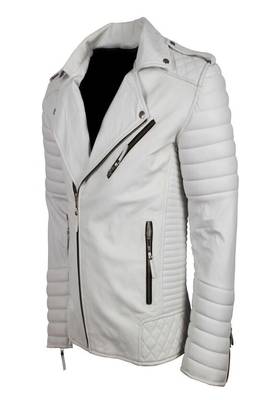 Men's off white genuine lambskin leather jacket- multiple zipper & quilterd shoulder biker style 3