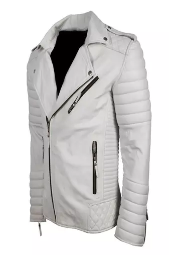 Men's off white genuine lambskin leather jacket- multiple zipper & quilterd shoulder biker style