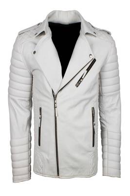 Men's off white genuine lambskin leather jacket- multiple zipper & quilterd shoulder biker style 1