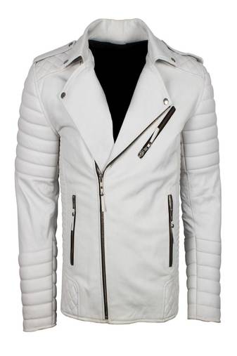 Men's off white genuine lambskin leather jacket- multiple zipper & quilterd shoulder biker style