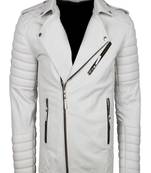 Men's off white genuine lambskin leather jacket- multiple zipper & quilterd shoulder biker style