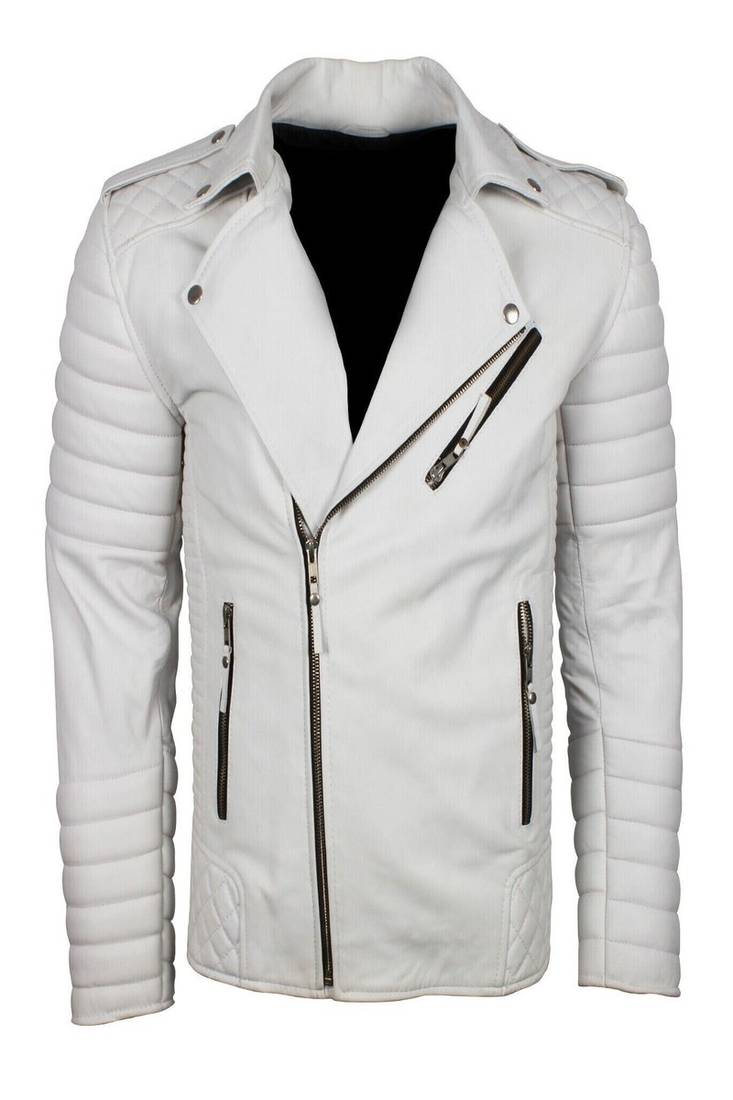 Men's off white genuine lambskin leather jacket- multiple zipper & quilterd shoulder biker style