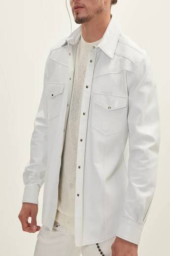 Men's off white suede genuine lambskin leather shirt -koren streetwear  style