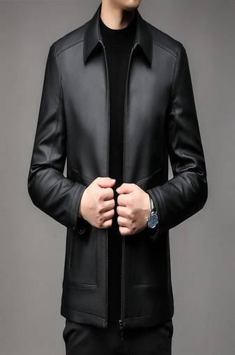 men's simple black genuine lambskin leather jacket zipper style