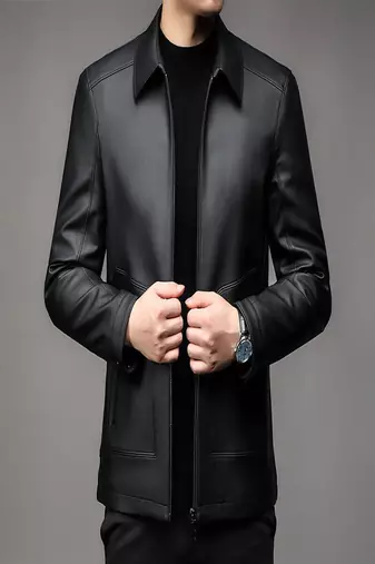 men's simple black genuine lambskin leather jacket zipper style