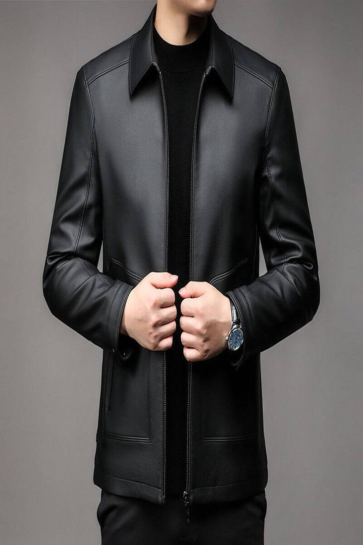 men's simple black genuine lambskin leather jacket zipper style