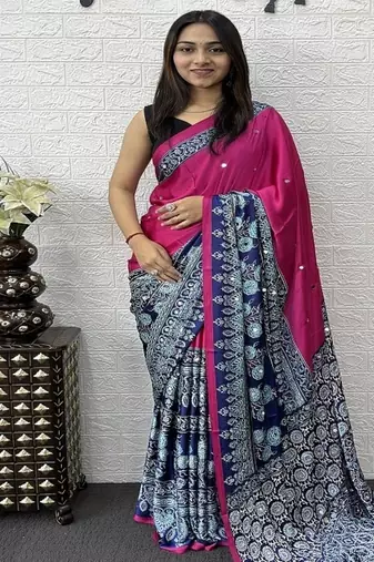 Pink Color Heavy Mirror Work  Satin Silk  Saree