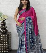 Pink Color Heavy Mirror Work  Satin Silk  Saree