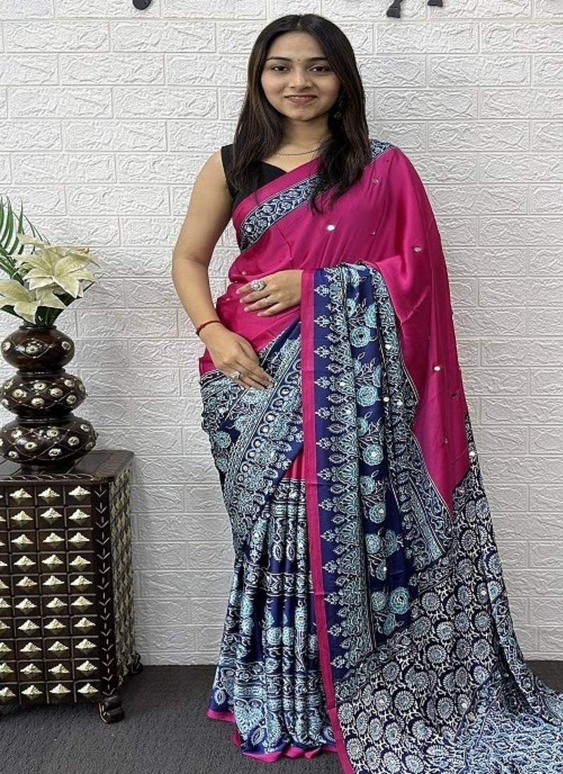 Pink Color Heavy Mirror Work  Satin Silk  Saree