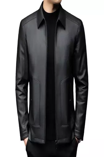 men's simple black genuine lambskin leather jacket zipper style