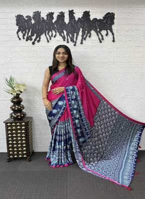 Pink Color Heavy Mirror Work  Satin Silk  Saree 2