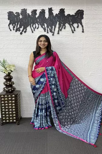 Pink Color Heavy Mirror Work  Satin Silk  Saree