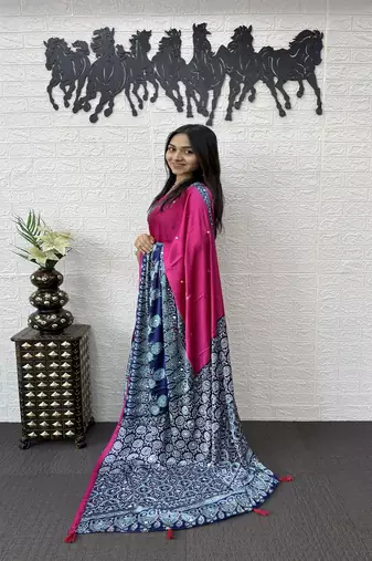 Pink Color Heavy Mirror Work  Satin Silk  Saree