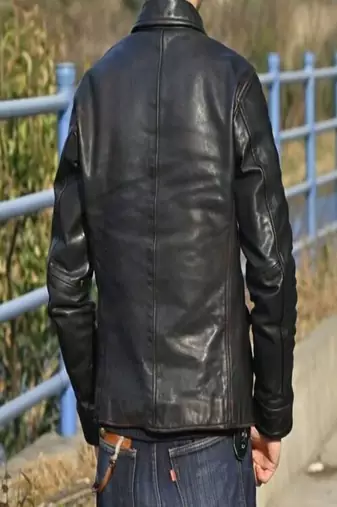 men's simple black genuine lambskin leather button jacket style