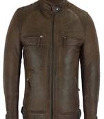 men's  dark brown genuine lambskin leather jacket zipper look biker style